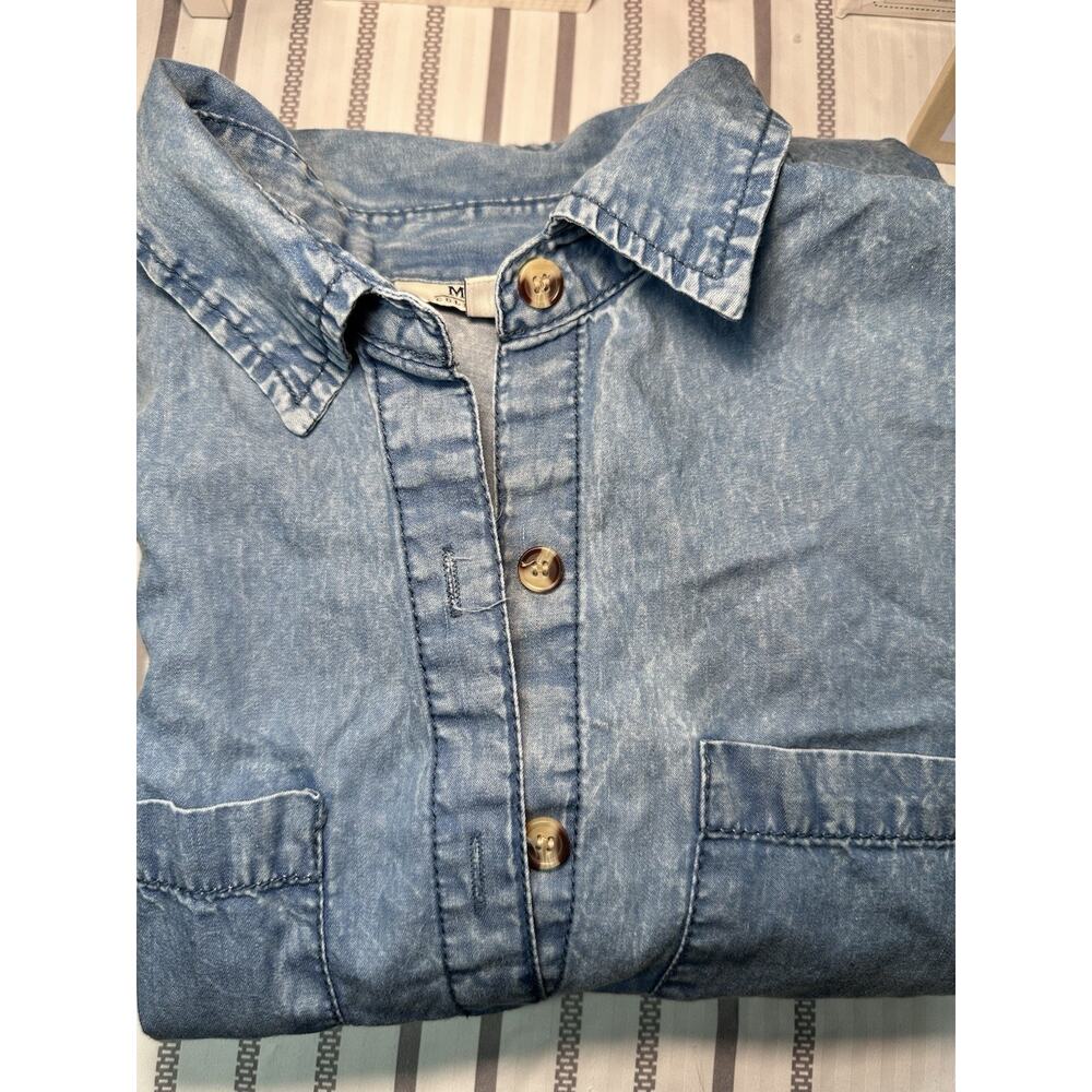 MPH Collection Blue Denim Shirt Dress S Collared Button Front Pockets Knee - Picture 9 of 9